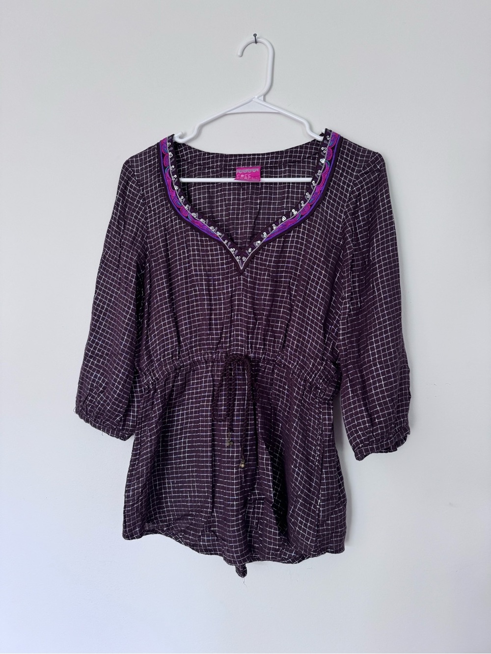 Vintage Free People Purple Checked Boho Tunic with Embroidered Neckline Small